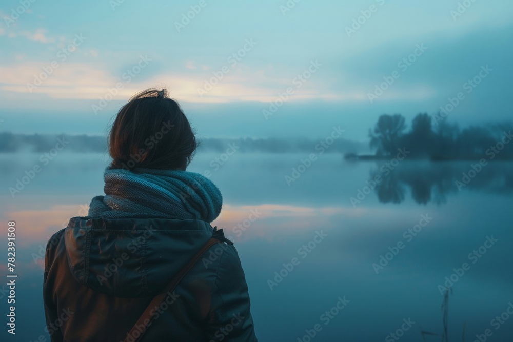 A serene portrait captures a moment of deep contemplation, with an individual gazing over a peaceful, mist-covered lake as dawn breaks.