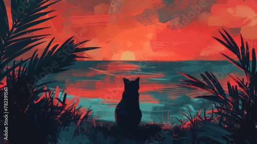 A cat's silhouette against a vibrant abstract background in Living Coral and Pacific Coast, embodying simplicity, minimalism, and depth in a serene evening setting.