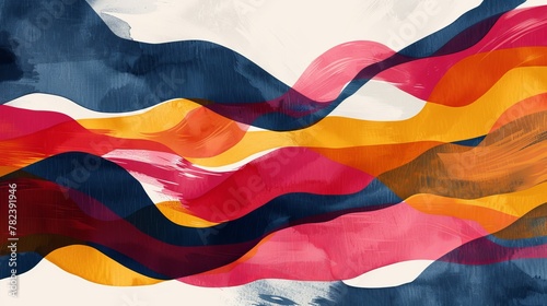 A captivating summer sunset captured in an abstract pattern of red, yellow, and navy, highlighting the beauty of negative space with a touch of green energy.