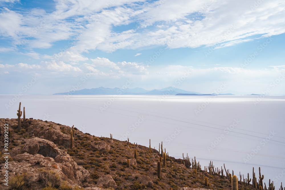 View of Salar de Uyuni salt flats from the top of Incahuasi island, Bolivia View of Salar de Uyuni salt flats from the top of Incahuasi island, Bolivia