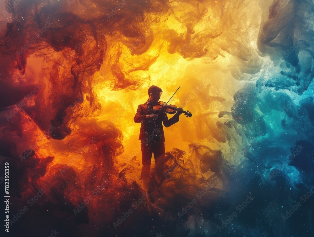 A man holding a violin in front of a vibrant and colorful background.