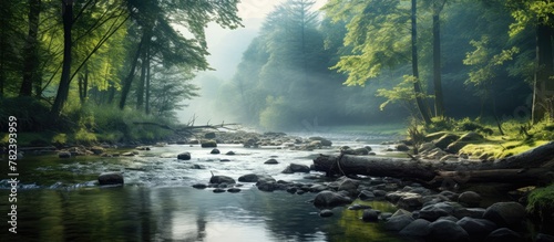 Morning forest river with r...
