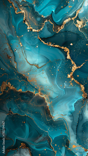 Teal & Gold Marble Abstract, Luxurious Top View Background