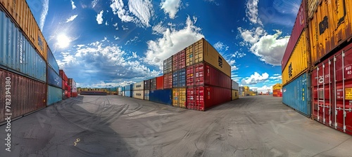 Cargo container for overseas shipping on high stack look up from ground . Logistics supply chain management and international goods export concept. AI generated illustration