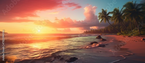 Tropical palm beach sunset view