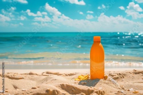 A bottle of sunscreen sits on the sandy beach under the azure sky