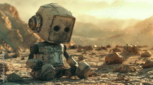 Solitary Robotic Explorer Traversing the Desolate Ruin Strewn Landscape of a Bygone Era