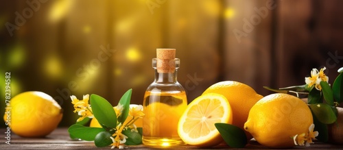 Lemon oil bottle with citrus fruit and flowers