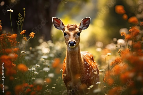 Deer in grassy field with flowers, gazing at camera