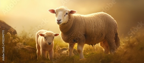 Sheep and lamb in field wit...