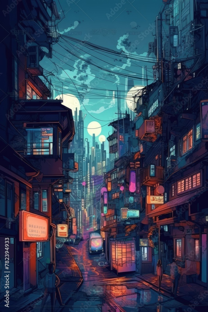 Dreamy European City at Night in Anime-Inspired Digital Painting Generative AI