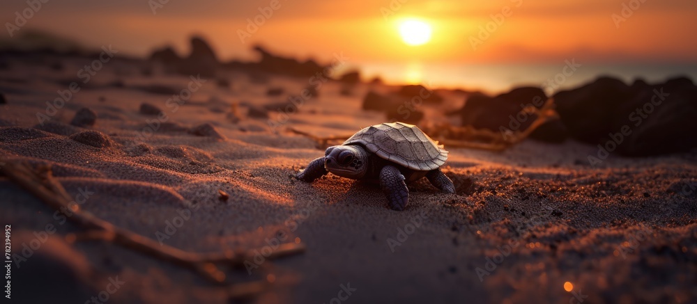 Turtle walking beach sunset