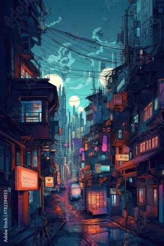 Dreamy European City at Night in Anime-Inspired Digital Painting Generative AI