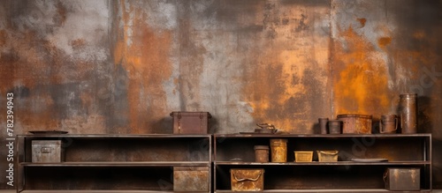 Rusty metal wall with pots ...