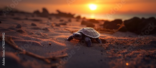 Turtle walking beach sunset photo