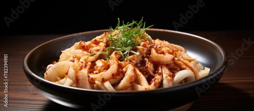 Bowl of pasta topped with s...