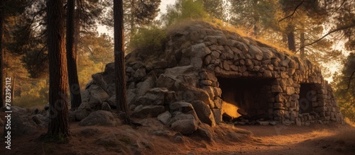 Stone structure amidst dense woodland, old shelter by burnt pine trees