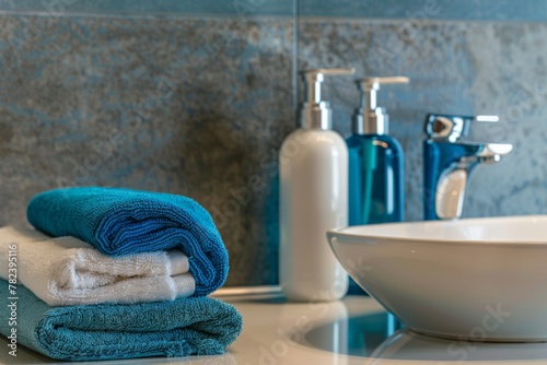 Bathroom sink with towels, soap dispensers, and azure liquid tap