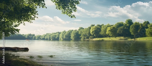 Boat resting on calm lake, ...