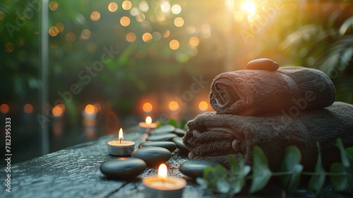 Relax concept on spa salon burning candles stones. Concept: recreation, wellness, body care, spa, nature, aromatherapy