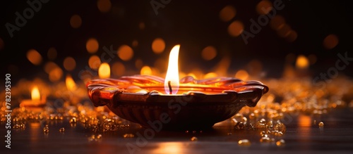Lit candle in bowl surrounded by gold glitters