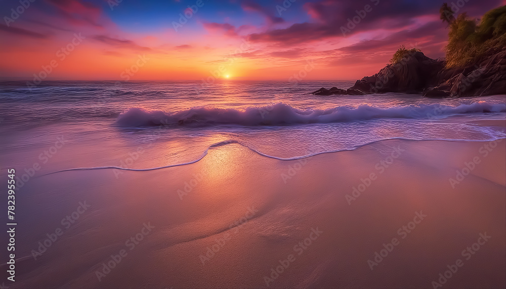 Fantastic beach. Colored sunset over the ocean. Sea surf. Magical seascape. Cloud cover with stars