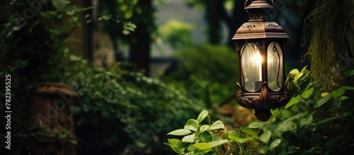Rustic lantern hanging from garden tree © vxnaghiyev