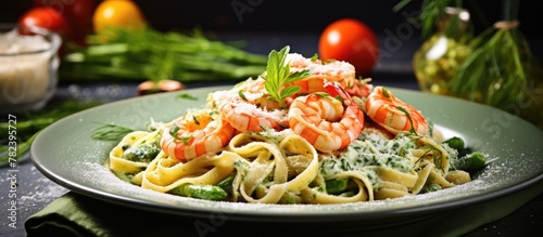 Plate of pasta with shrimp and veggies