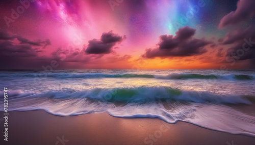 Fantastic beach. Colored sunset over the ocean. Sea surf. Magic sea landscape. Cloud cover with stars photo