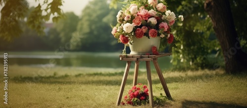Vase of flowers on grass stand