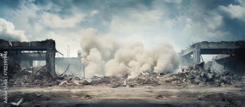 Destroyed urban building engulfed in smoke and rubble photo