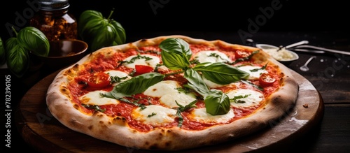 Margherita pizza with fresh basil and mozzarella on wooden board