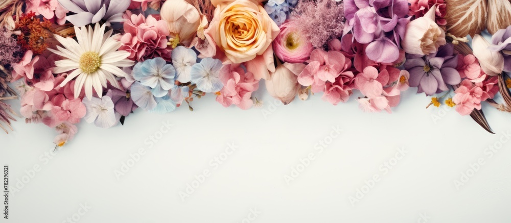 Natural flowers on white surface with blue backdrop Natural flowers on white surface with blue backdrop