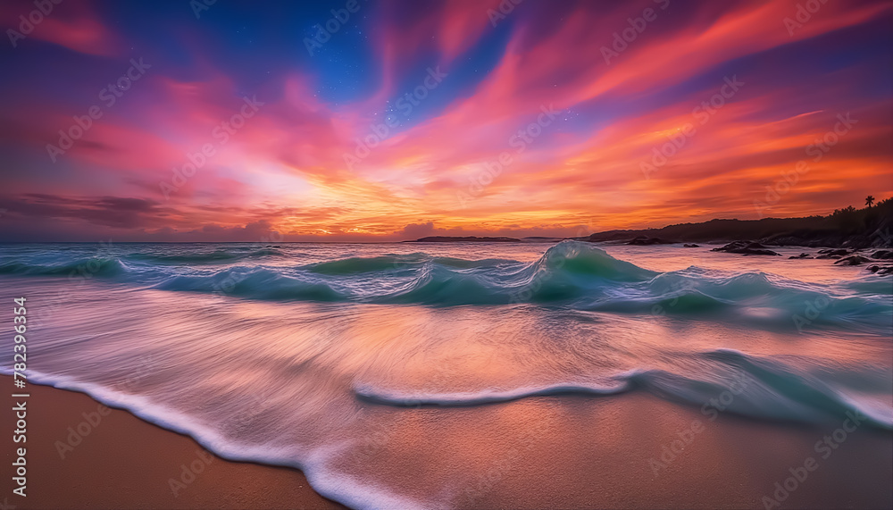 Fantastic beach. Colorful sunset over the ocean. Magic sea landscape. Clouds with stars