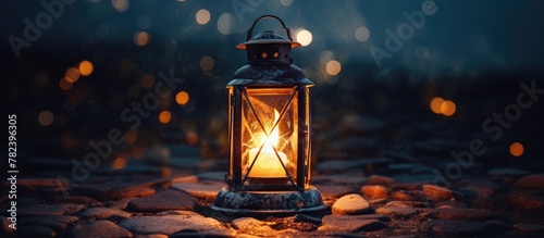 Lantern glows rocky shore water photo