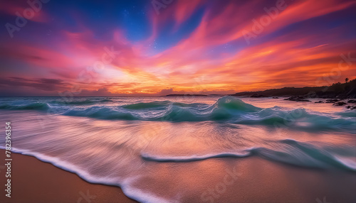 Fantastic beach. Colorful sunset over the ocean. Magic sea landscape. Clouds with stars