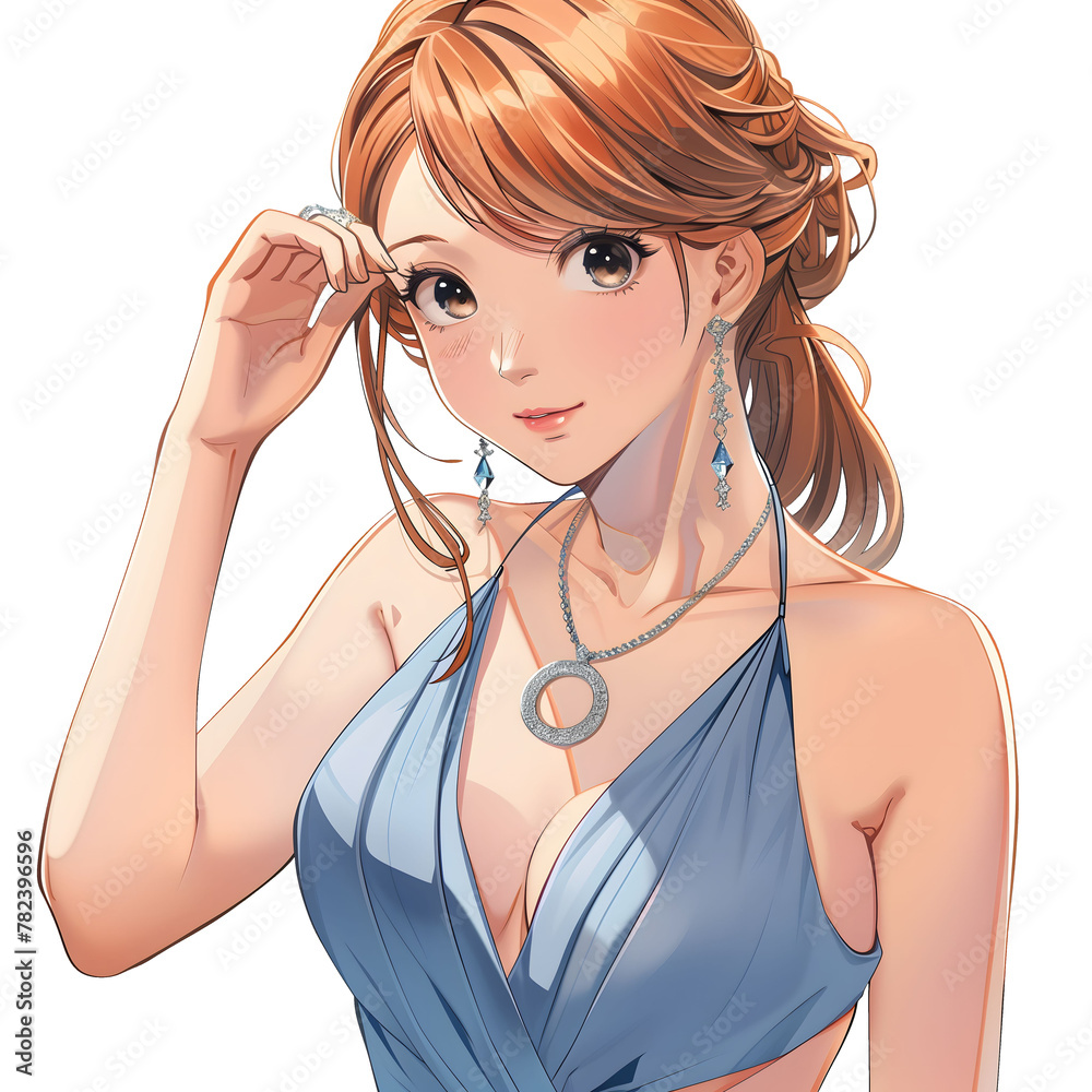Cartoon illustration of redhead anime girl in a blue dress posing on a white background. Cartoon illustration of redhead anime girl in a blue dress posing on a white background.