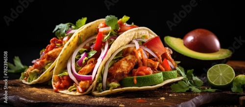 Three tacos with beef, onio...