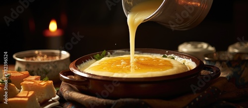 Orange juice being poured into a dish of food