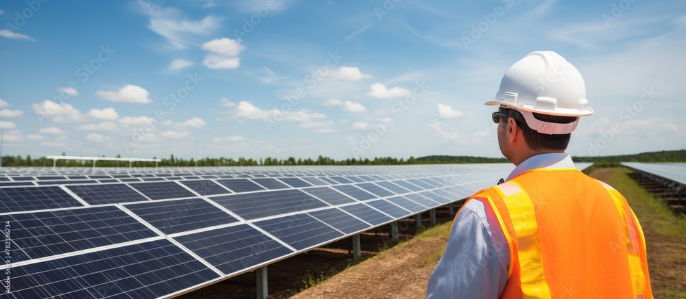 © vxnaghiyev - Man wearing safety gear checks solar panel alignment