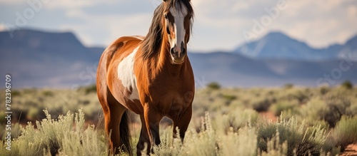 Wild horse grazing on lush ...