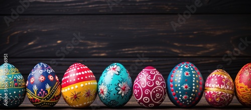 Colorful Easter eggs on rustic wood