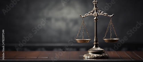 Justice scale on wooden desk photo