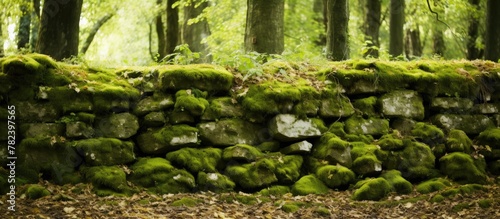 Mossy stone wall in a dense...