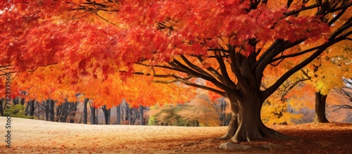 Red-leaved tree stands on country road photo