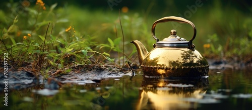 Tea kettle immersed in water by a grassy area