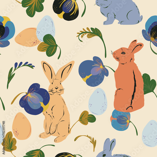 Easter bunnies, eggs and stylized flowers hand drawn vector seamless pattern Retro style.