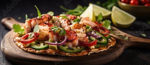 Pizza topped with shrimp, cucumbers, tomatoes, onions
