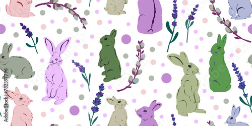 Easter bunnies stylized flowers hand drawn vector seamless pattern Retro style.