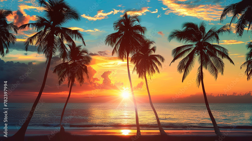 Silhouette of palm trees at tropical sunrise or sunset background